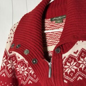 Eddie Bauer Red Fair Isle Zip Cardigan Sweater Wool Nylon Nordic Snowflake Small